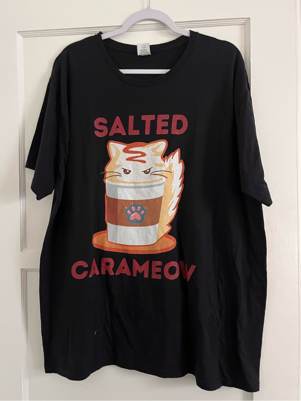 Salted Carameow Cat Graphic Tee - Black with Orange and Pink Print